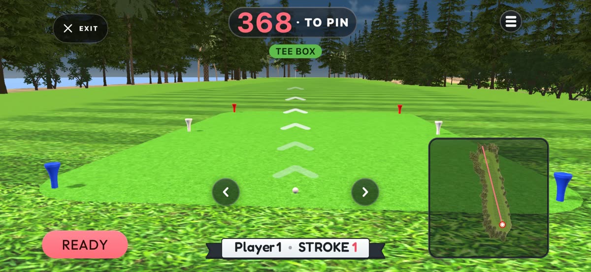 Golfr tee box view showing 368 yards to the pin and a hole map